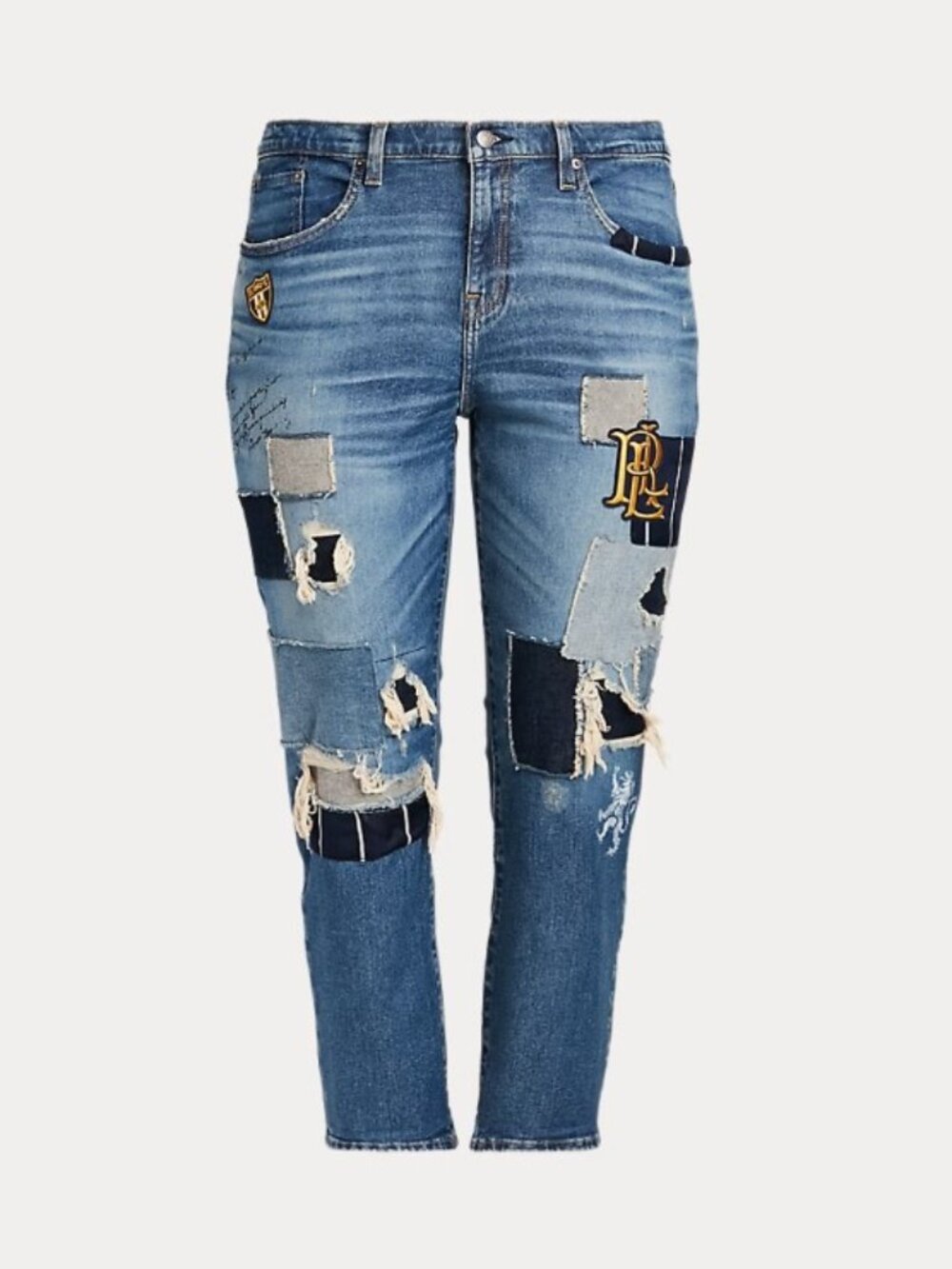 Ralph Lauren Relaxed Tapered Patchwork Jeans Logo Distressed Sz 10 W 30